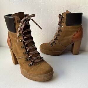 See by Chloé Eileen Lug Sole Heeled Leather Boots Colorblock Tan Size EU37 / US7